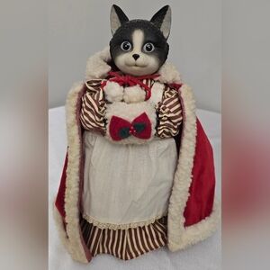 Artisan Flair Tabby Christmas Cat With Red Cloak & Hand Muffs 12" READ